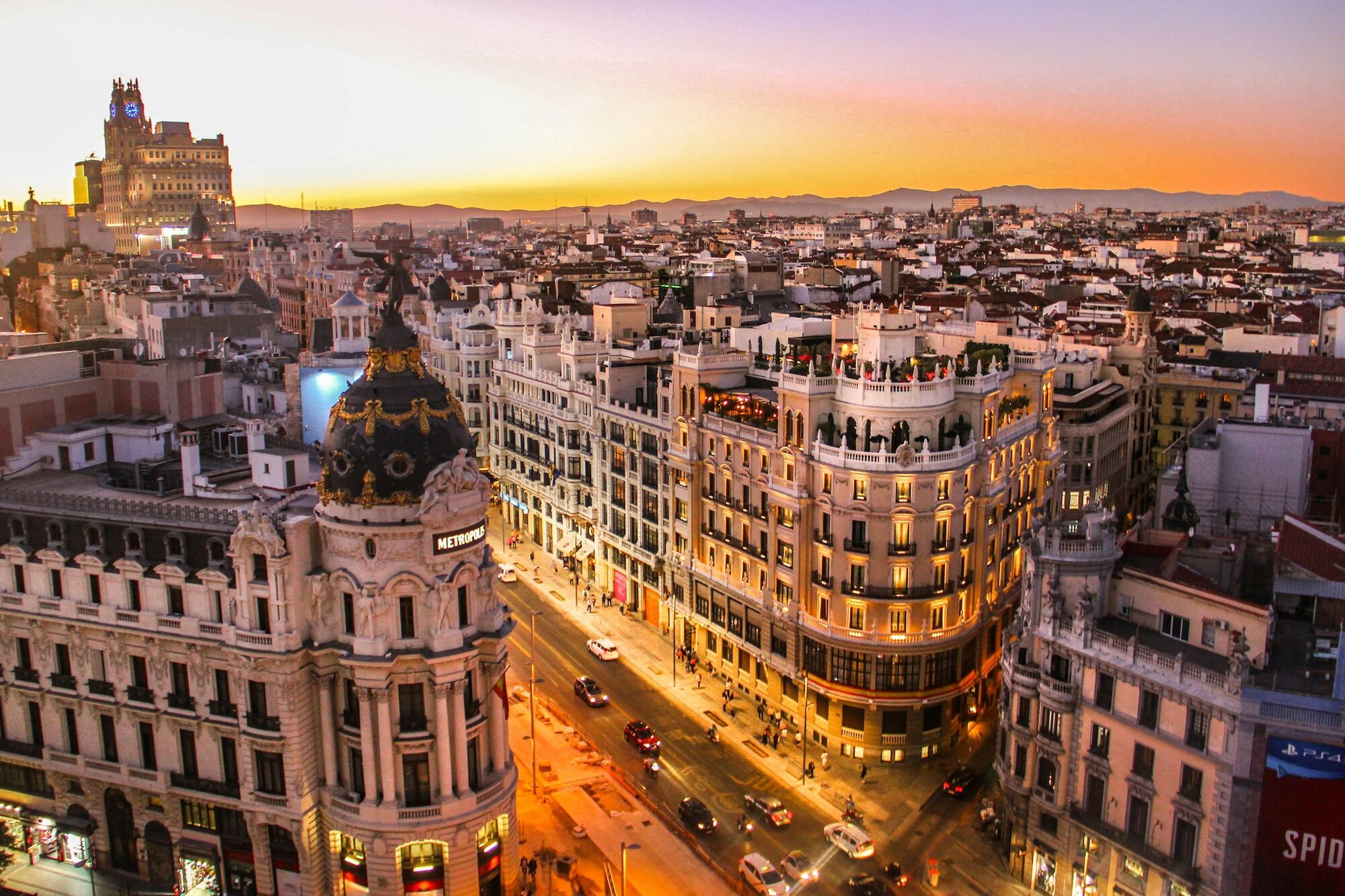 Madrid skyline at sunset with Gran Vía buildings