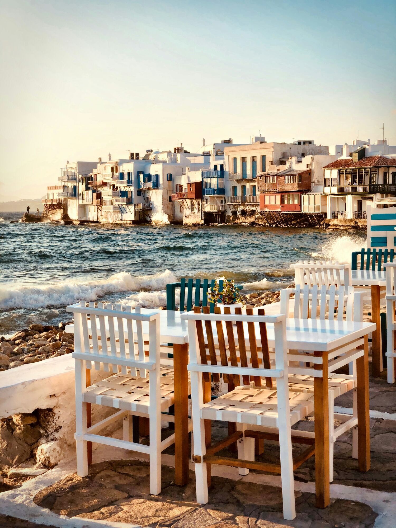 Seaside tables overlooking Little Venice in Mykonos