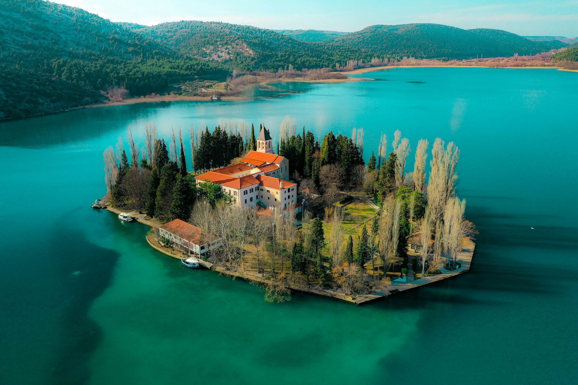 Aerial view of Visovac island monastery in Krka National Park, Croatia