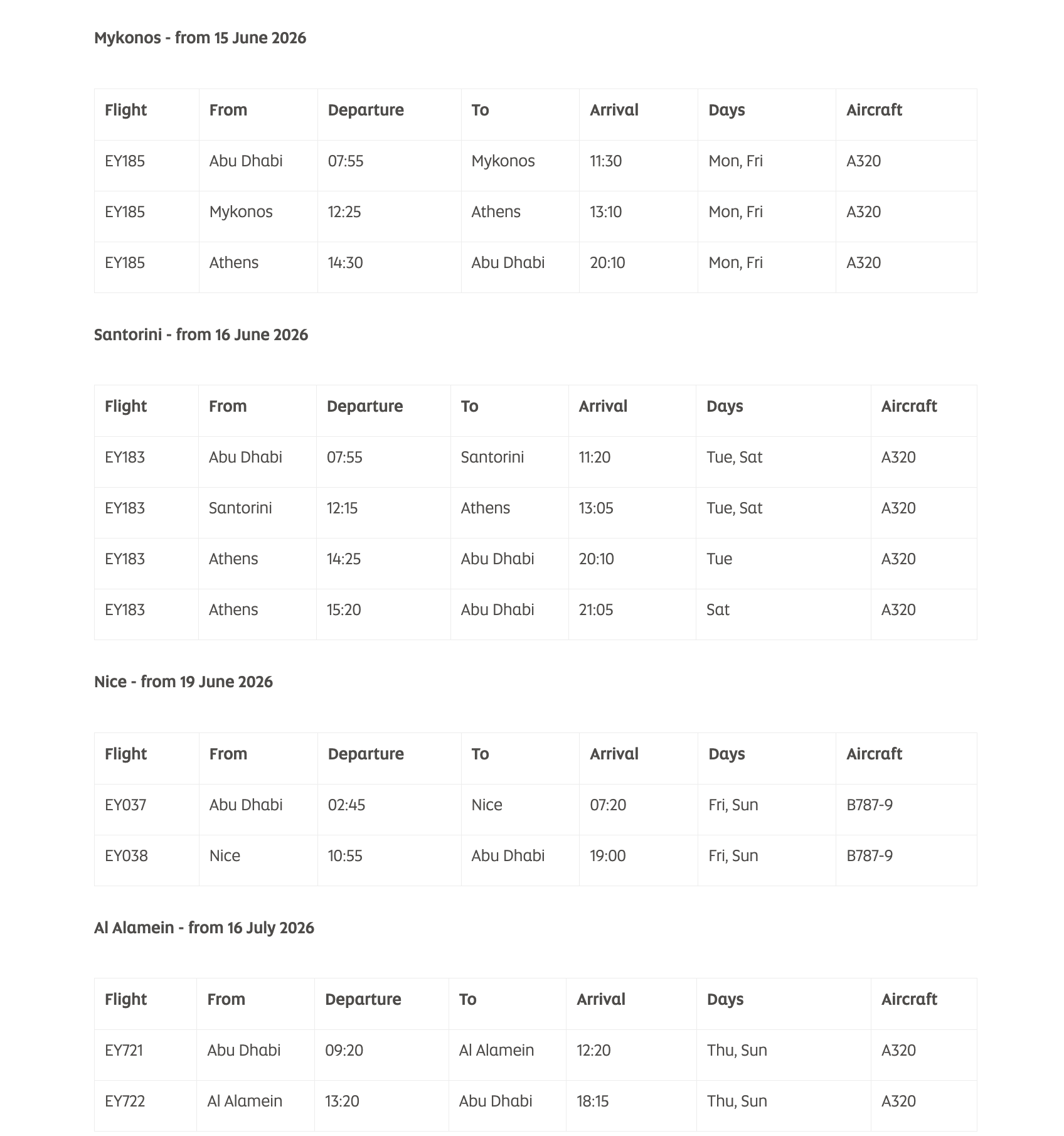 Etihad schedule showing seasonal flights to Mykonos, Santorini, Nice and Al Alamein