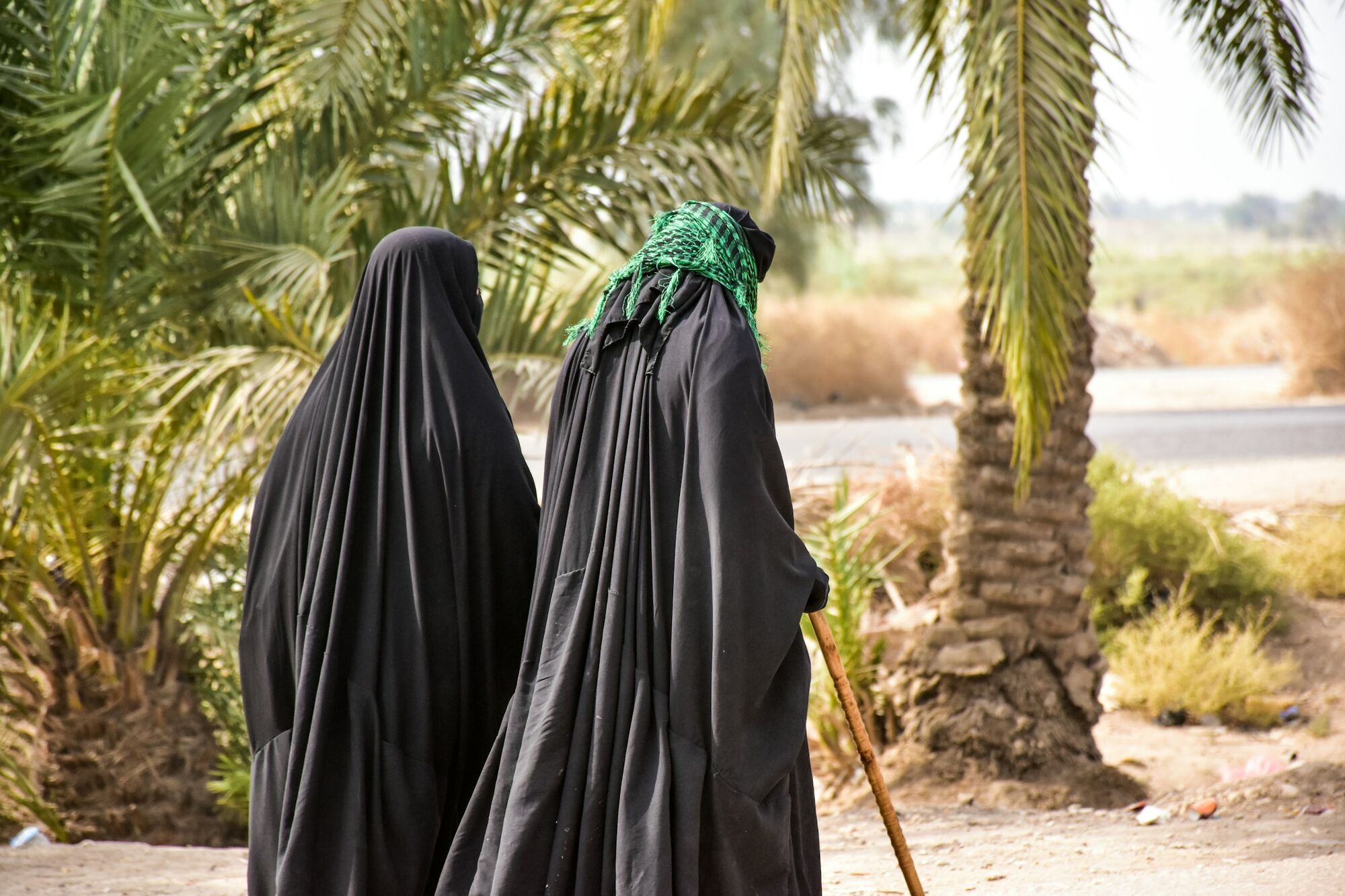 Two people wearing full-face coverings near palm trees