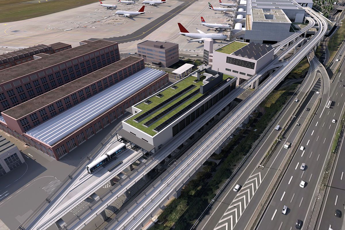 Rendering of Frankfurt Airport Sky Line station beside terminal buildings