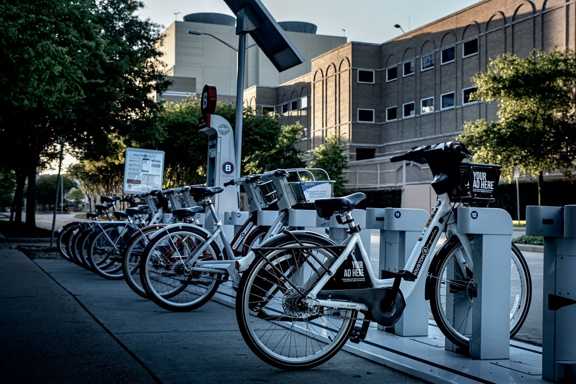 Shared bikes parked at a city docking station
