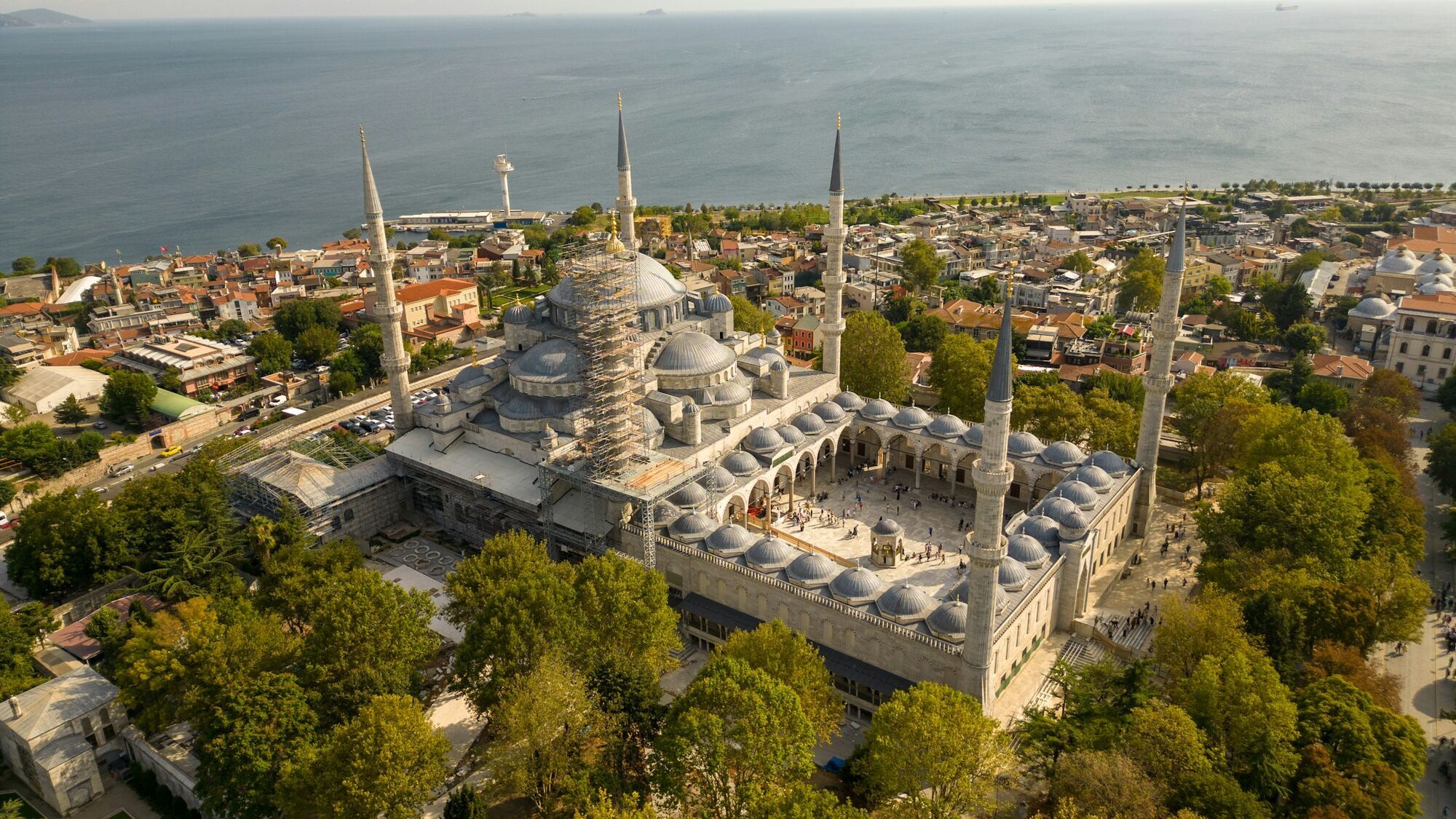 Aerial view of the Blue Mosque and Istanbul coastline