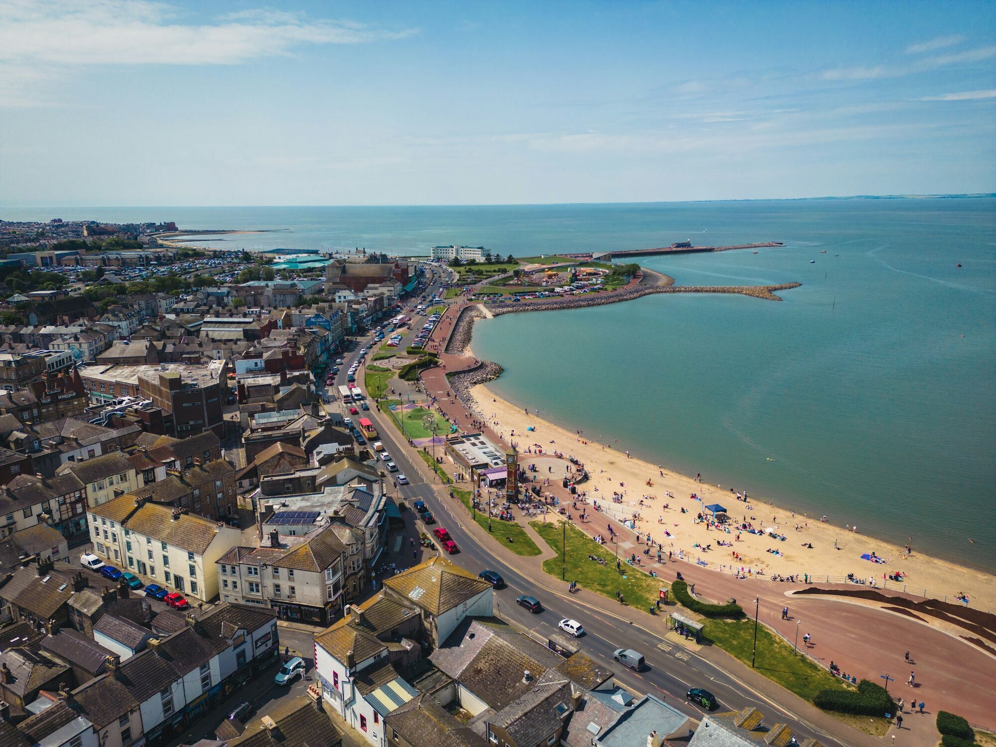 Aerial view of Morecambe seafront and bay