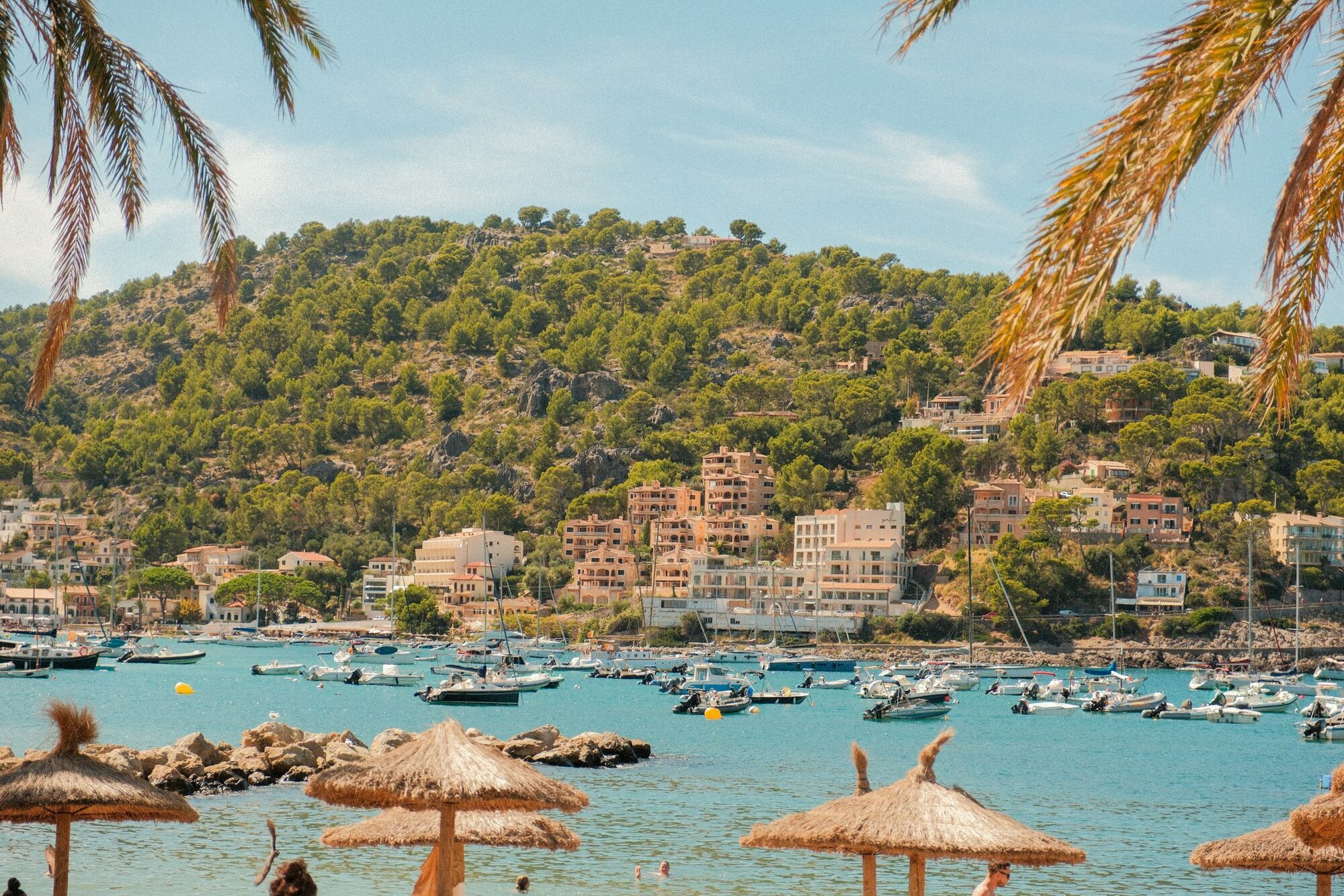 Mallorca beach with boats, palm trees and hillside houses
