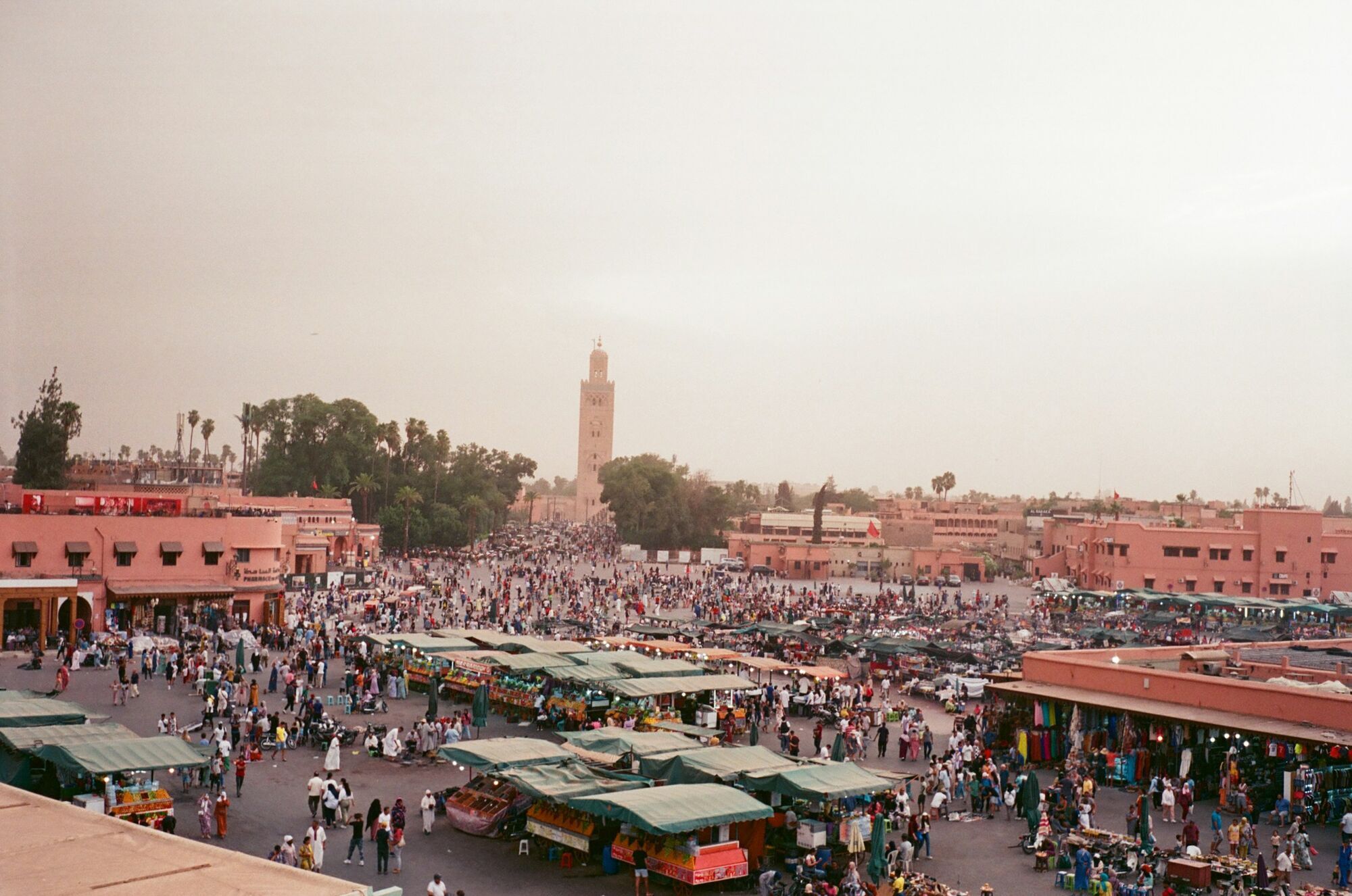 Crowds in Marrakech’s Jemaa el-Fnaa square near the Koutoubia Mosque