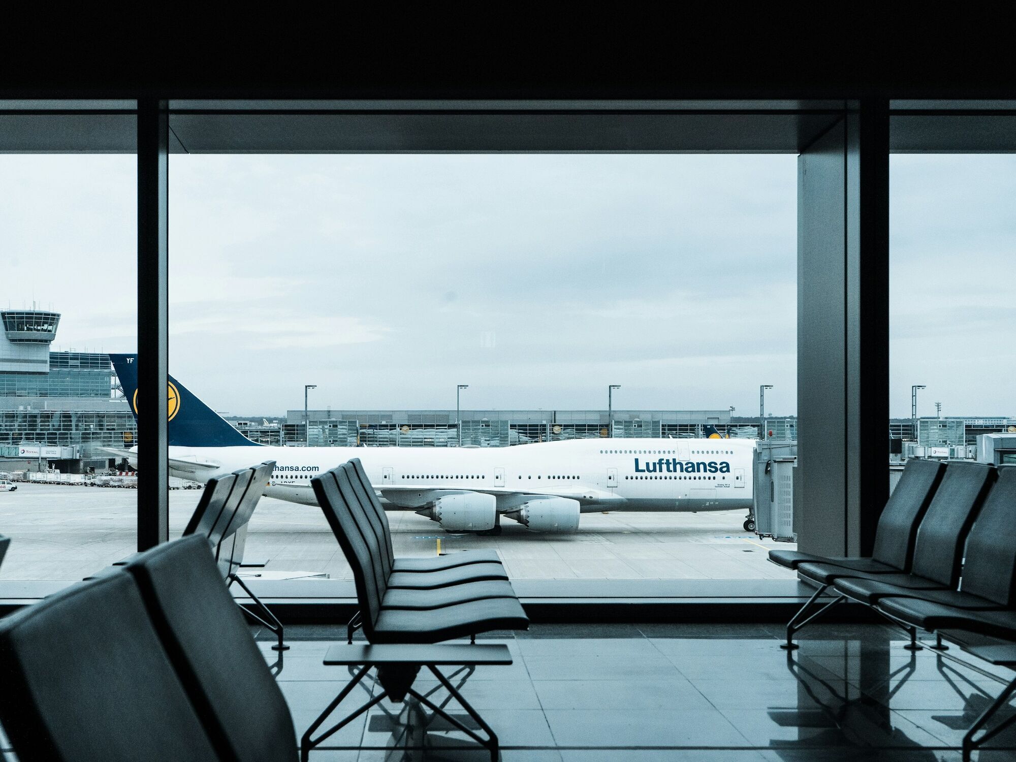 Lufthansa aircraft seen from Frankfurt Airport terminal