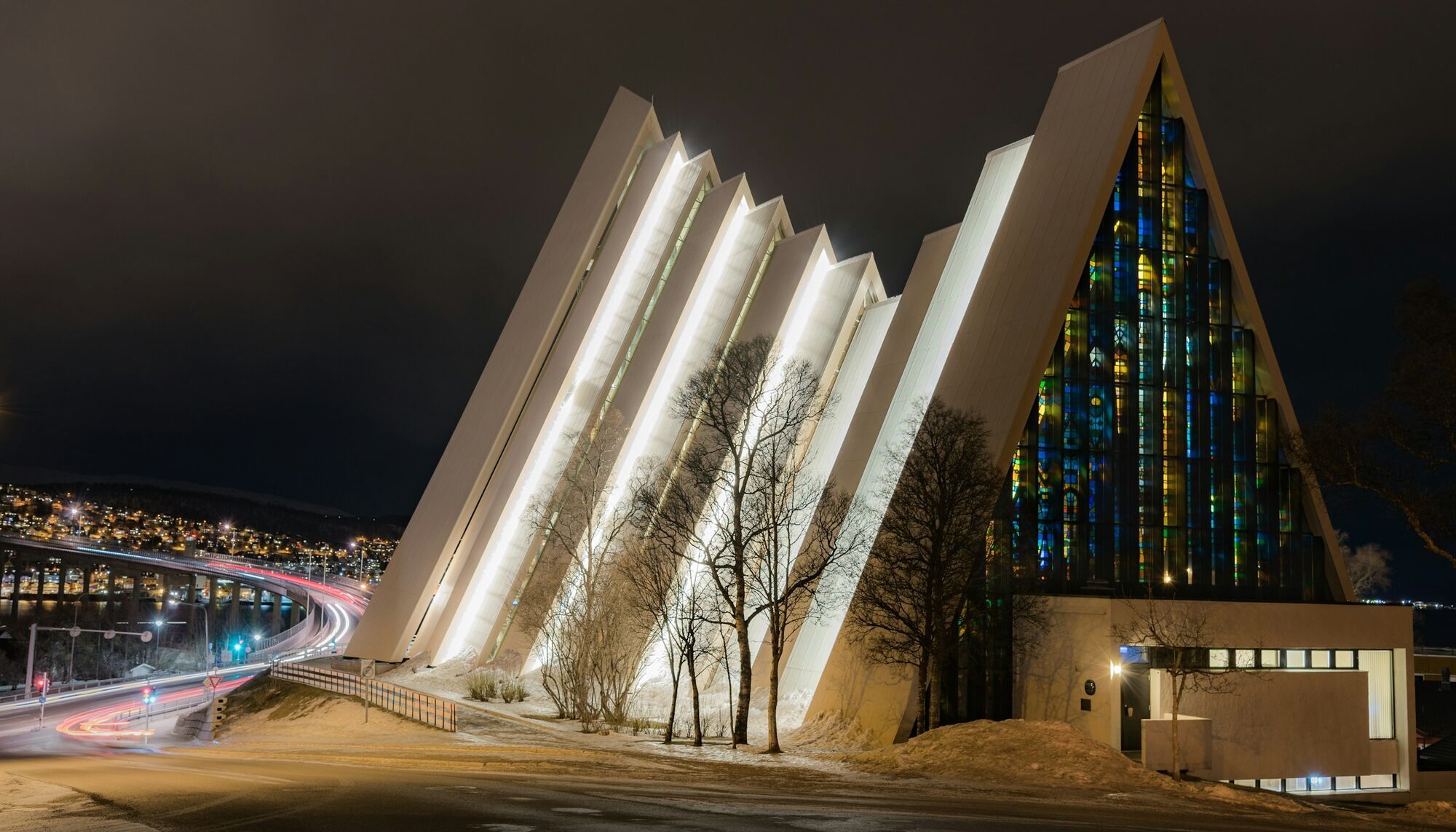 Arctic Cathedral in Tromsø lit up at night