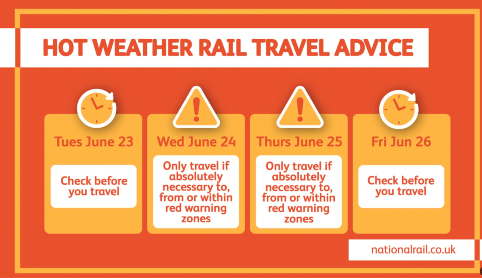 Hot weather rail travel advice graphic from National Rail