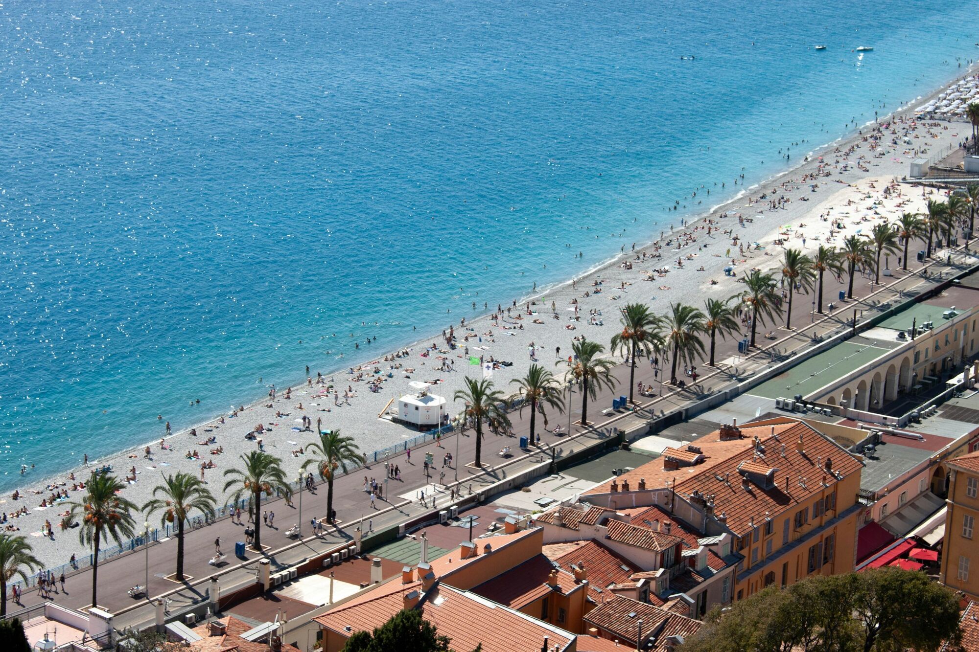 Aerial view of the beach and seafront in Nice