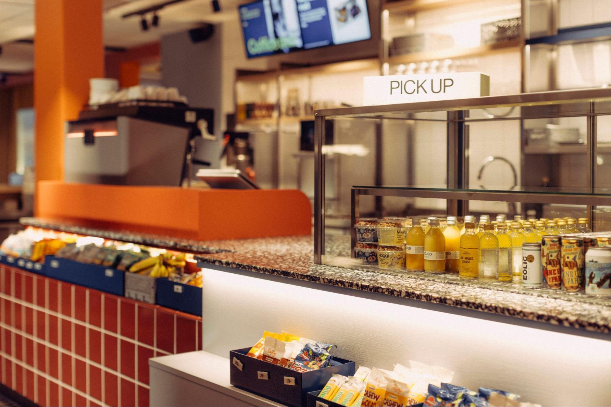 Self-service food and drink area at a Scandic Go hotel