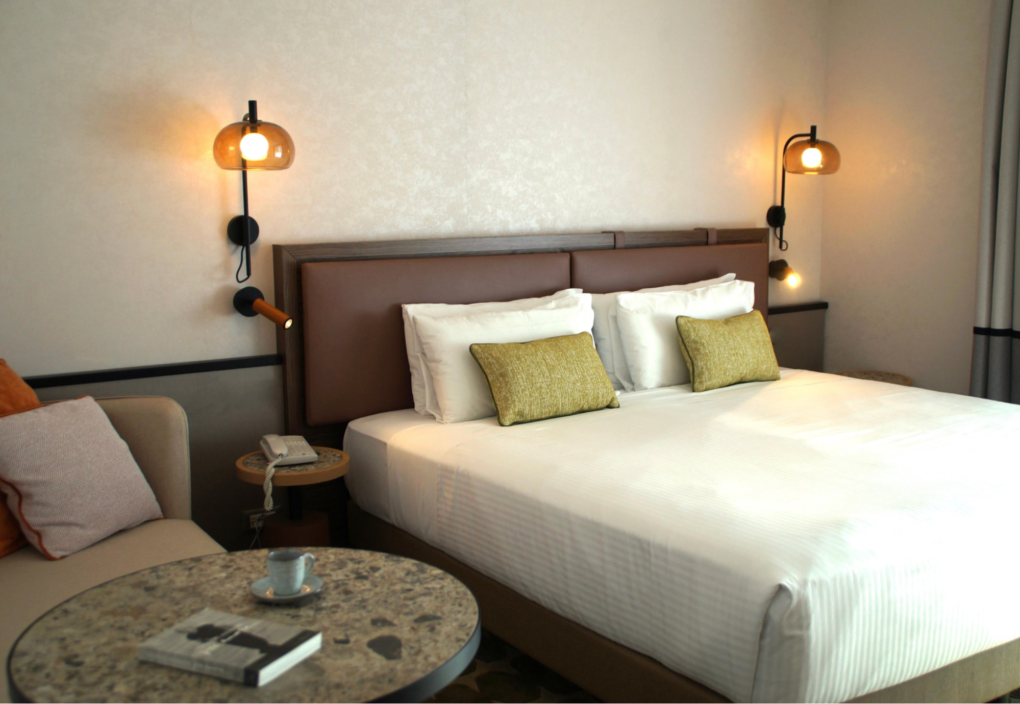Modern hotel room with a double bed
