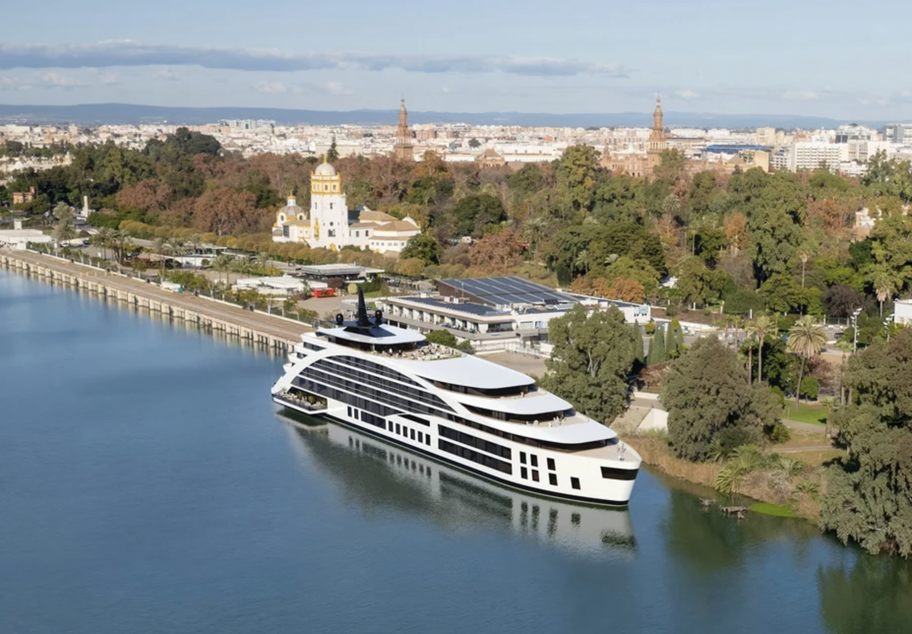 Rendering of a floating yacht hotel in Seville