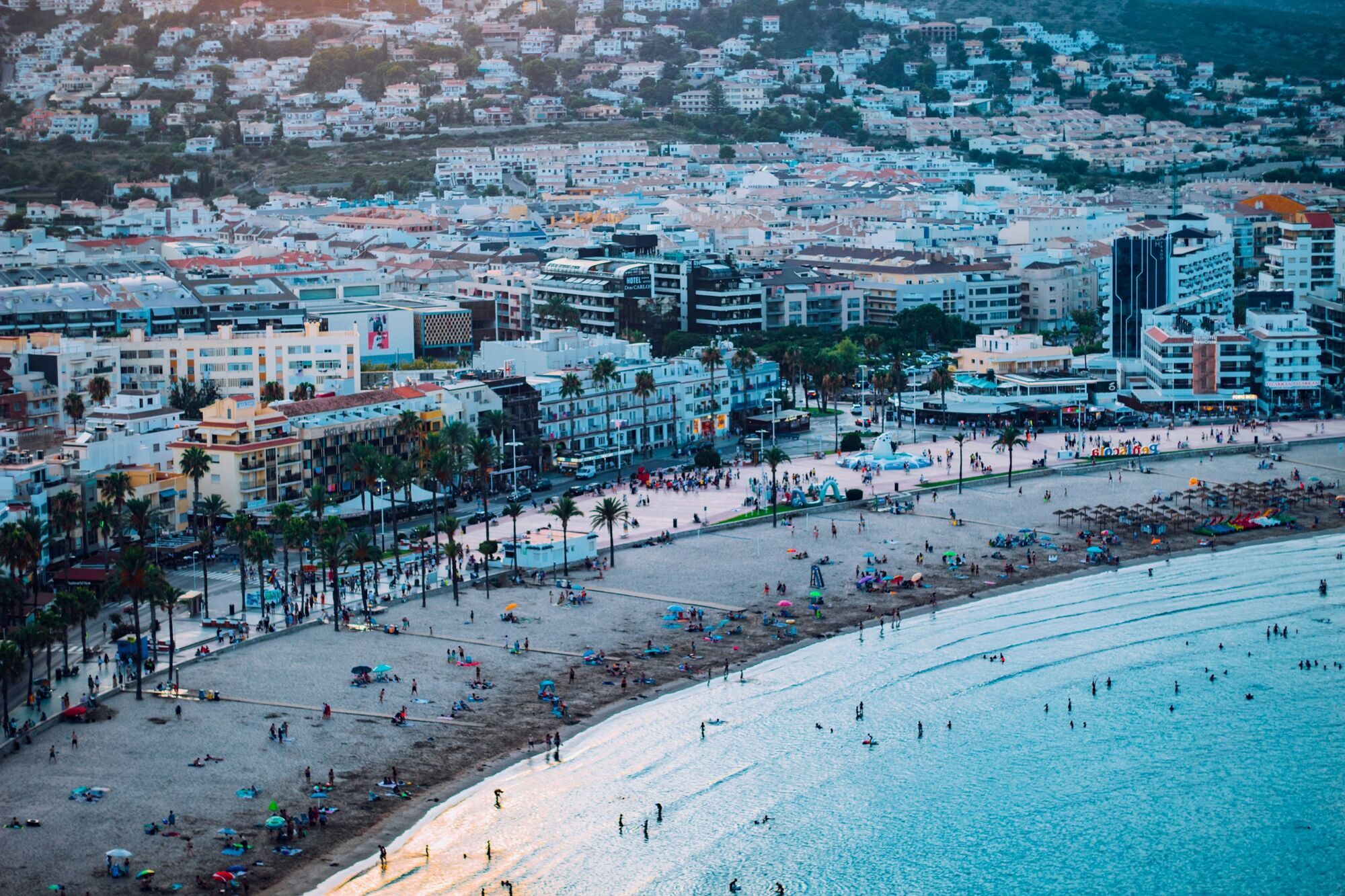 Aerial view of a busy beach town on Spain’s eastern coast