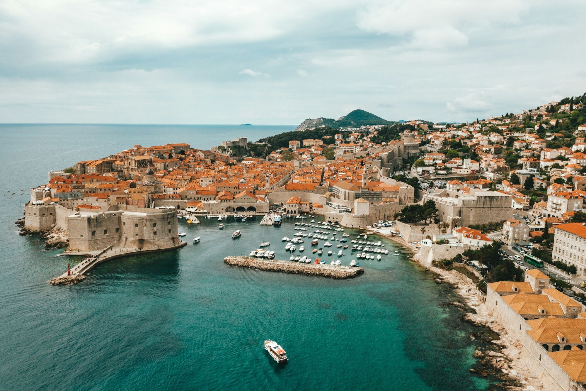 Aerial view of Dubrovnik old town and harbour