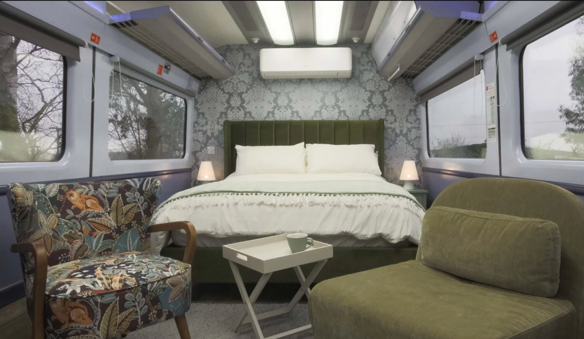 Bedroom inside converted railway carriage