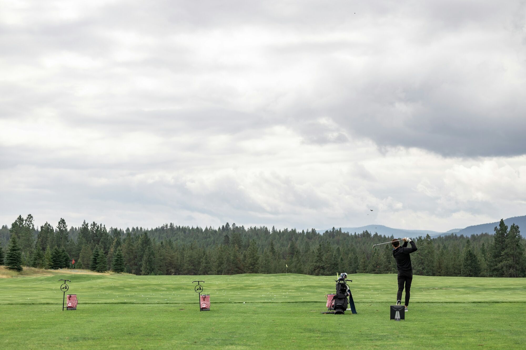 Golfer practising on a driving range near woodland
