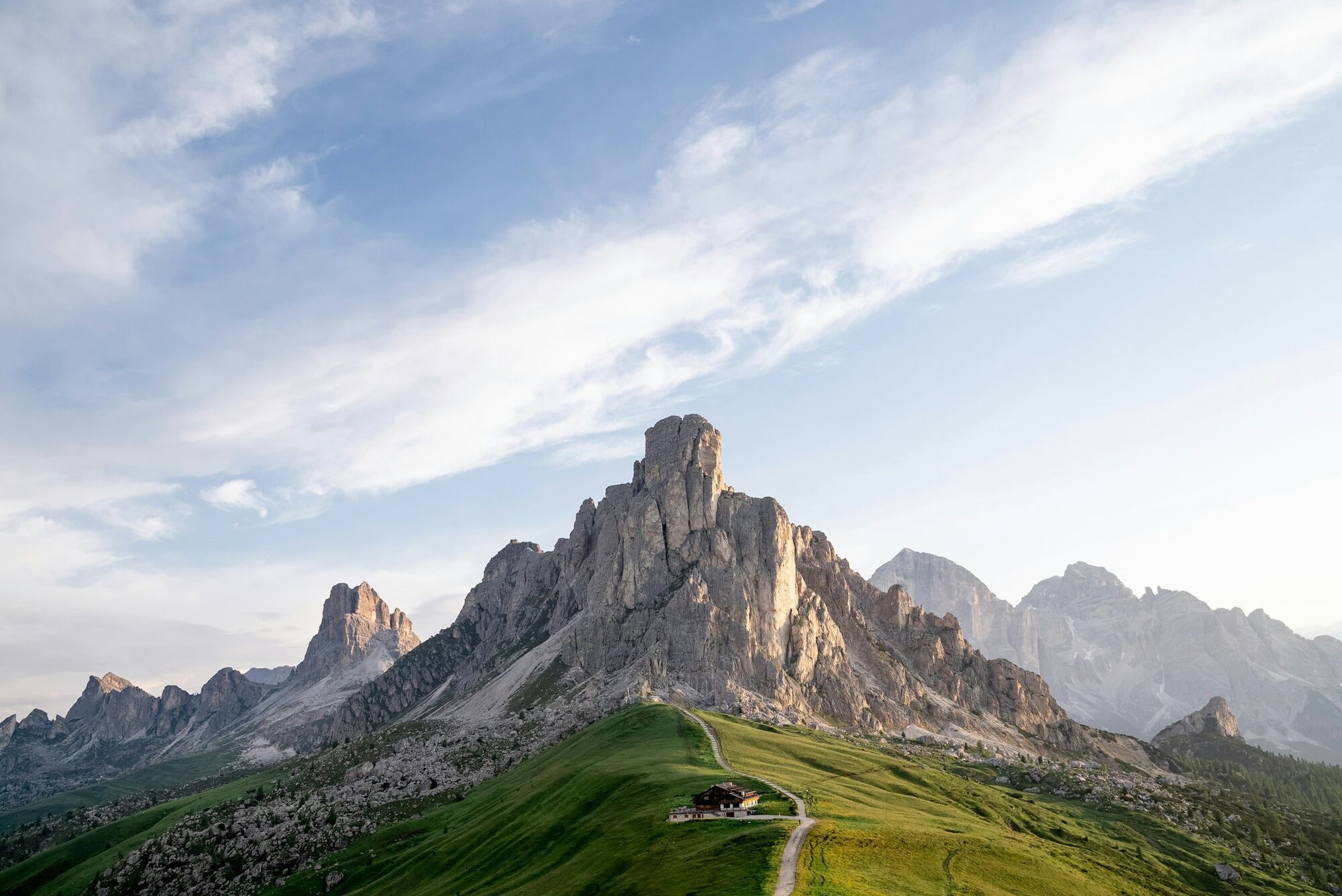 Rocky peaks and a trail in the Dolomites