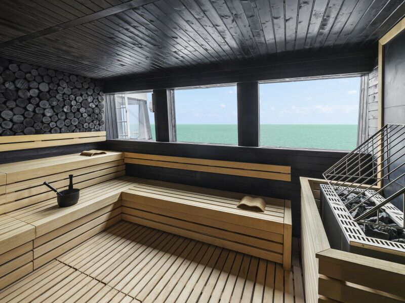 Ocean-view sauna inside a cruise ship spa