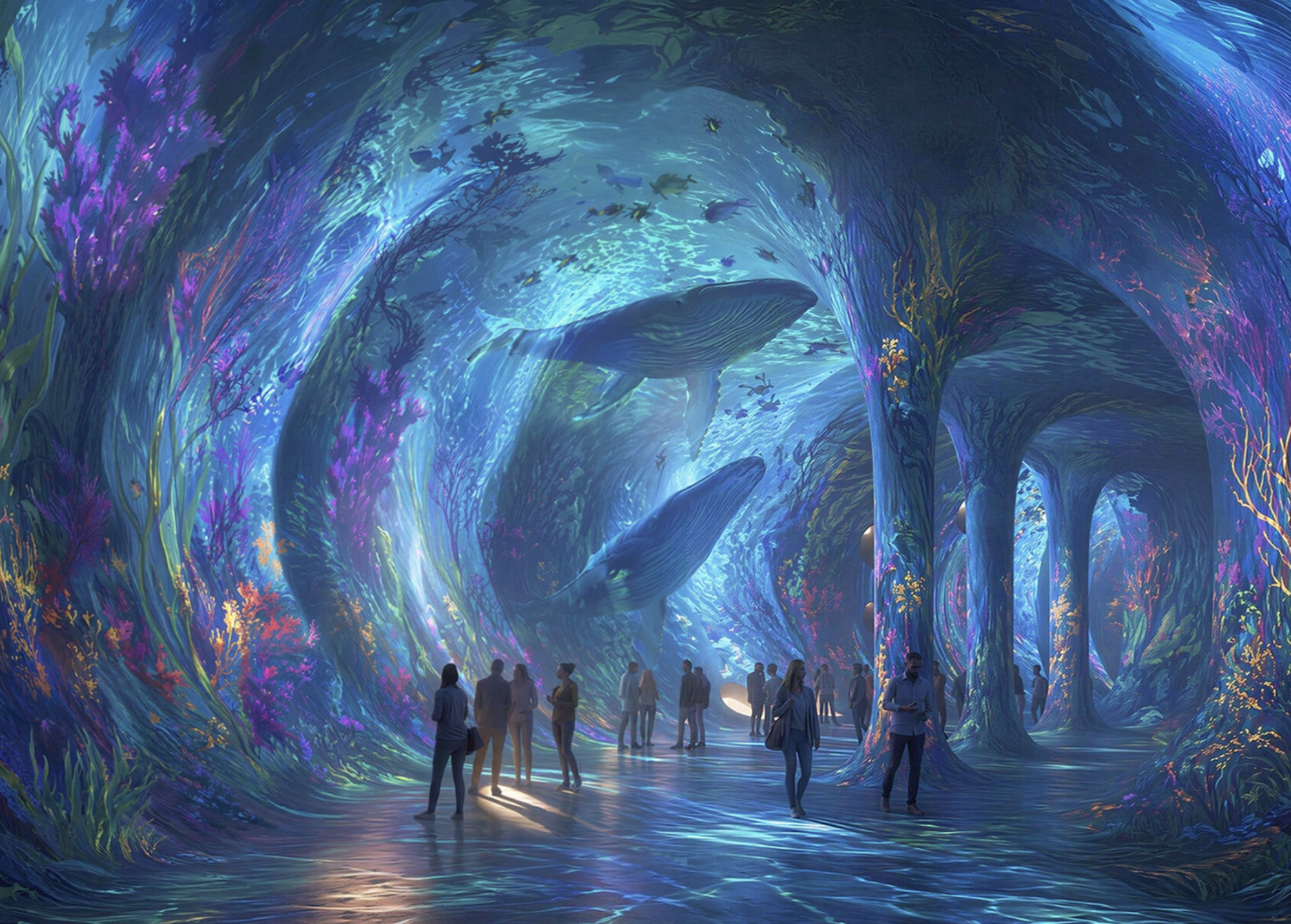 Rendering of an immersive underwater exhibition with whales