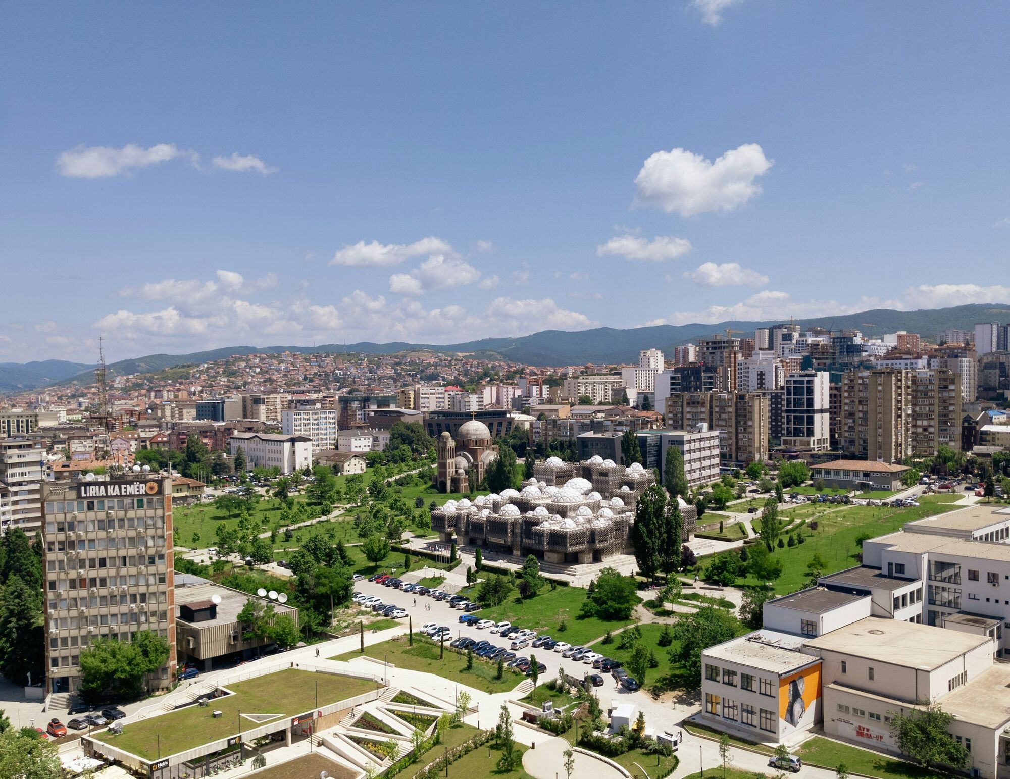 City skyline and National Library in Pristina