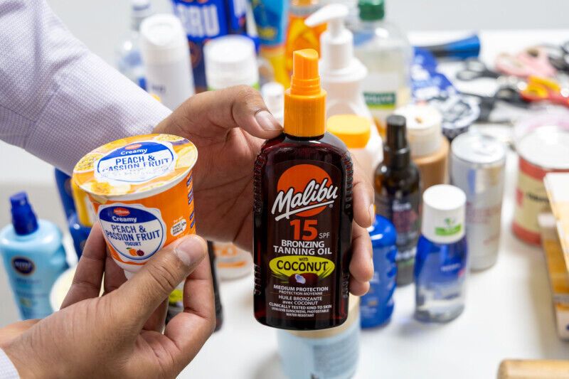 Confiscated yoghurt and tanning oil bottles