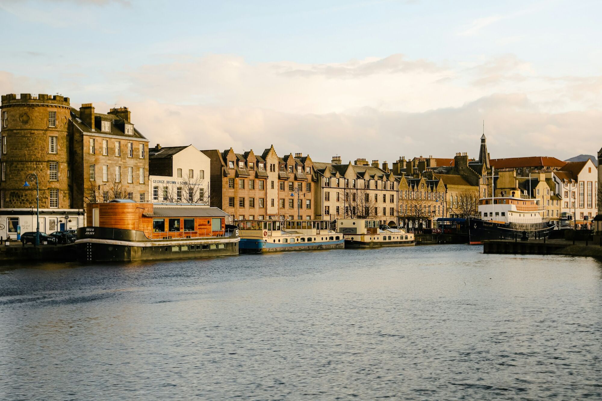 Historic buildings and boats on Leith waterfront