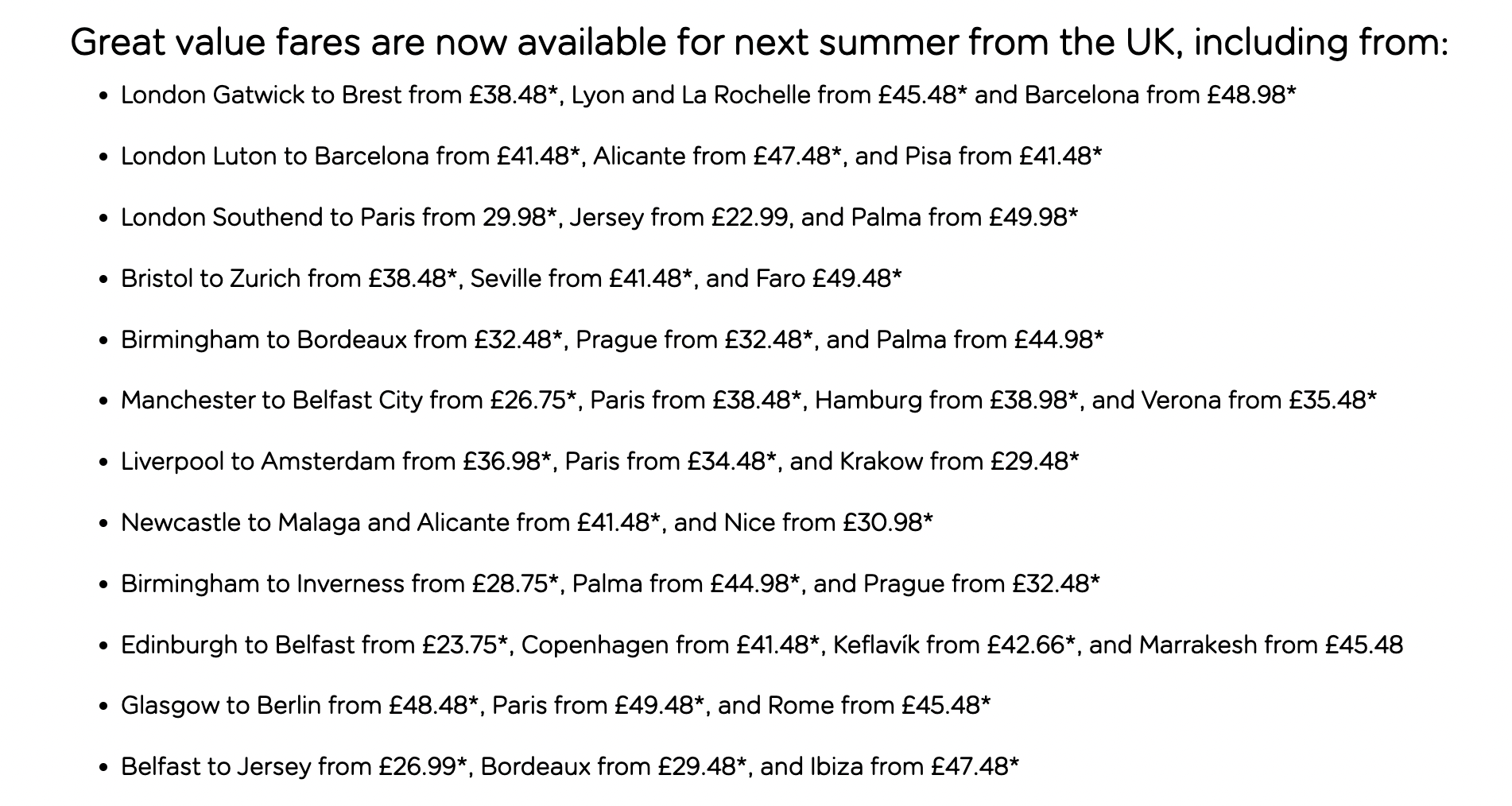 List of easyJet summer 2027 fares