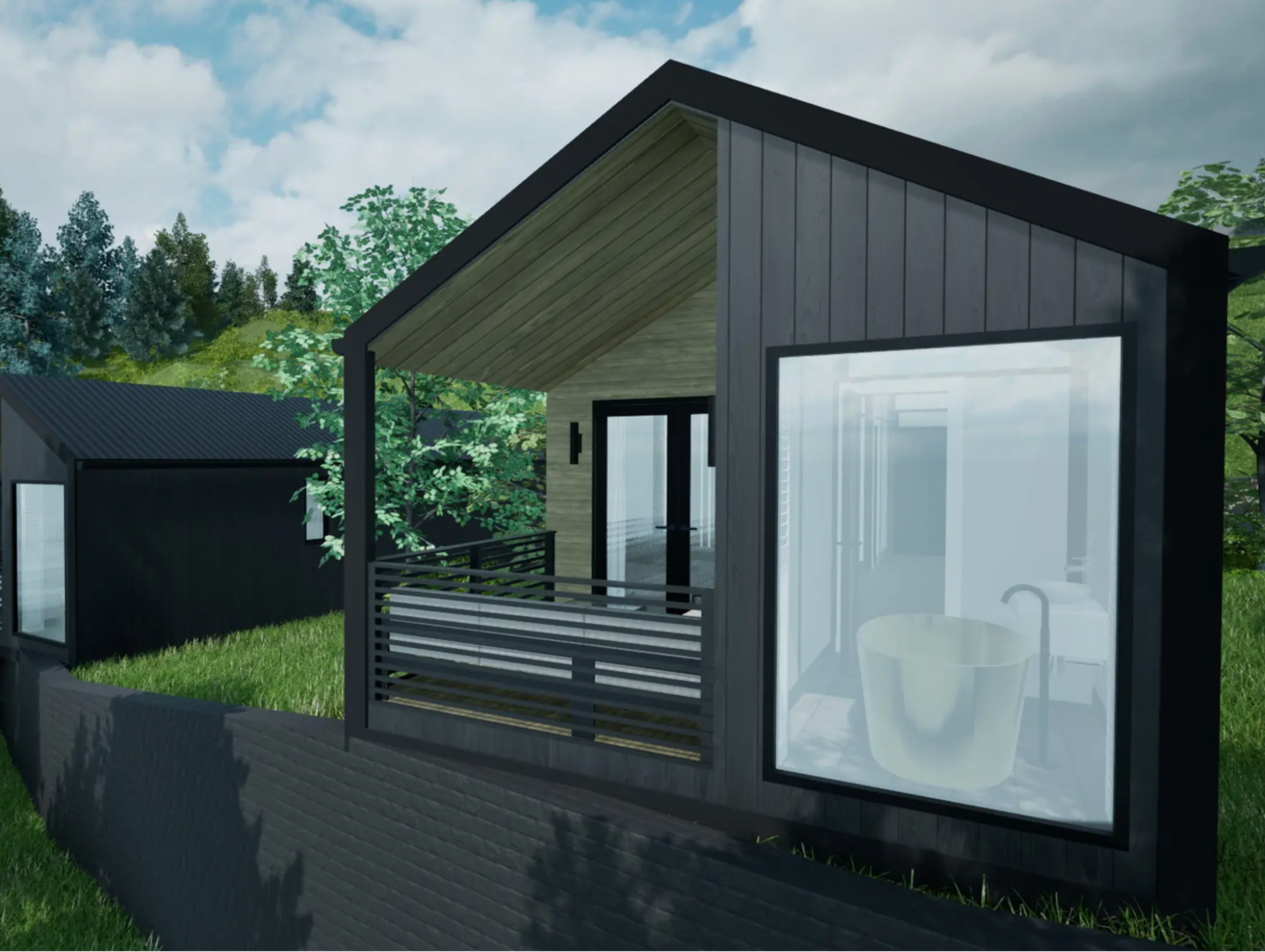 Rendering of riverside cabins at Crossbasket Castle