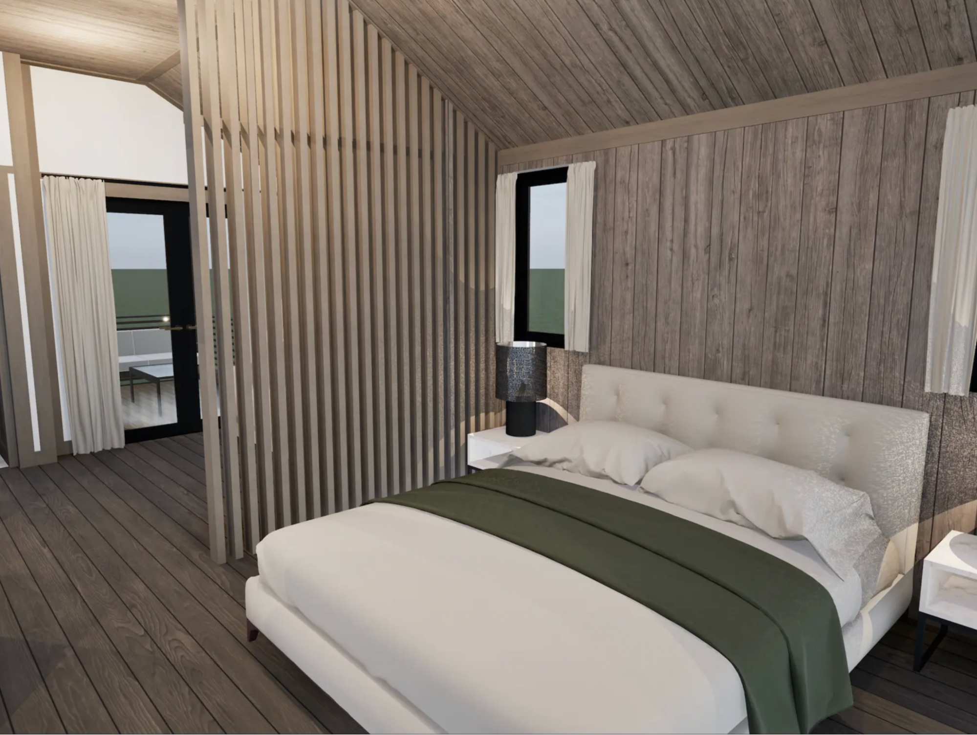 Rendered bedroom inside a Crossbasket cabin