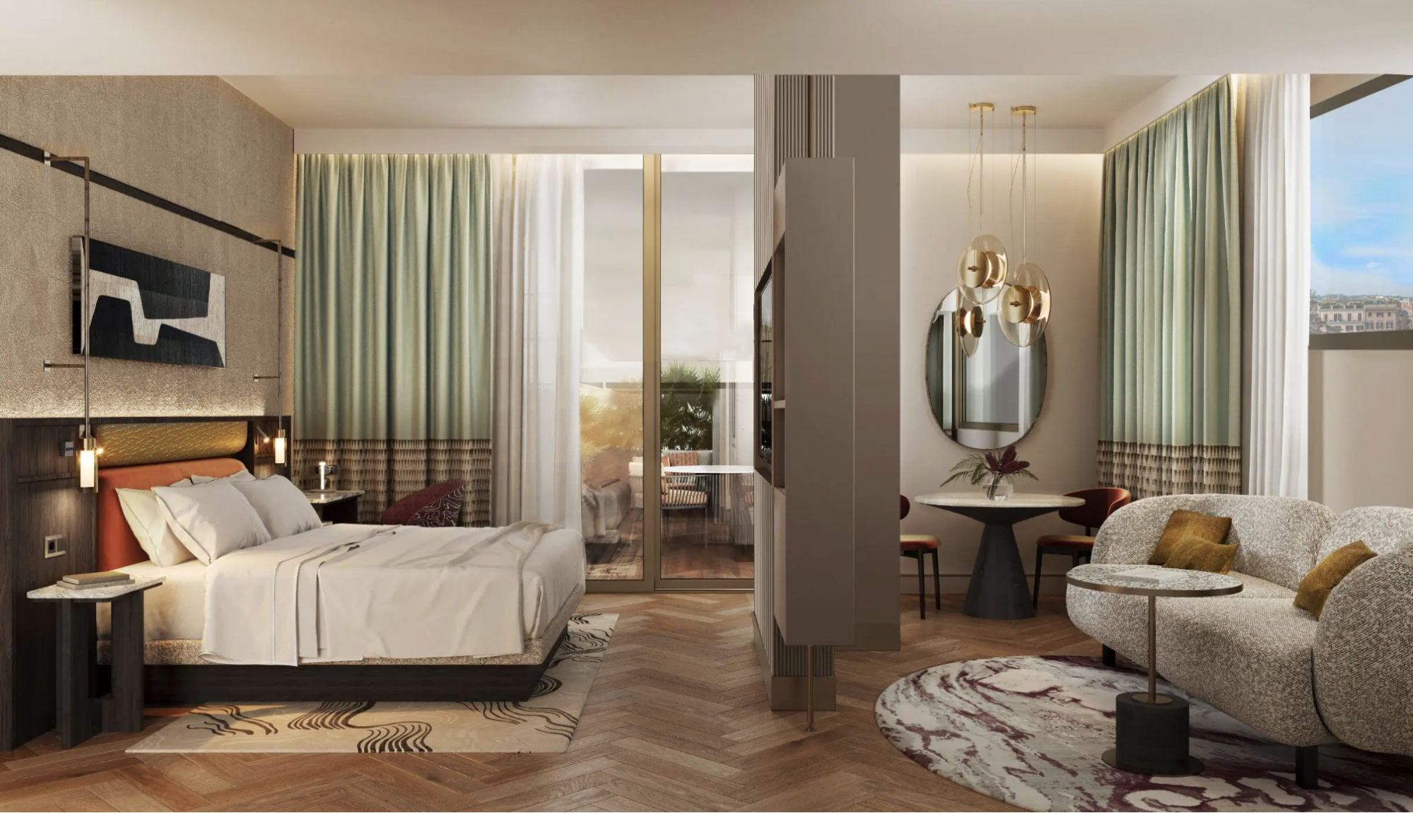 Modern hotel suite with balcony and city views