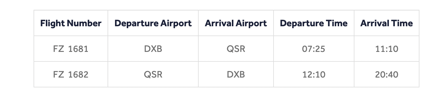 Dubai and Salerno flight timetable