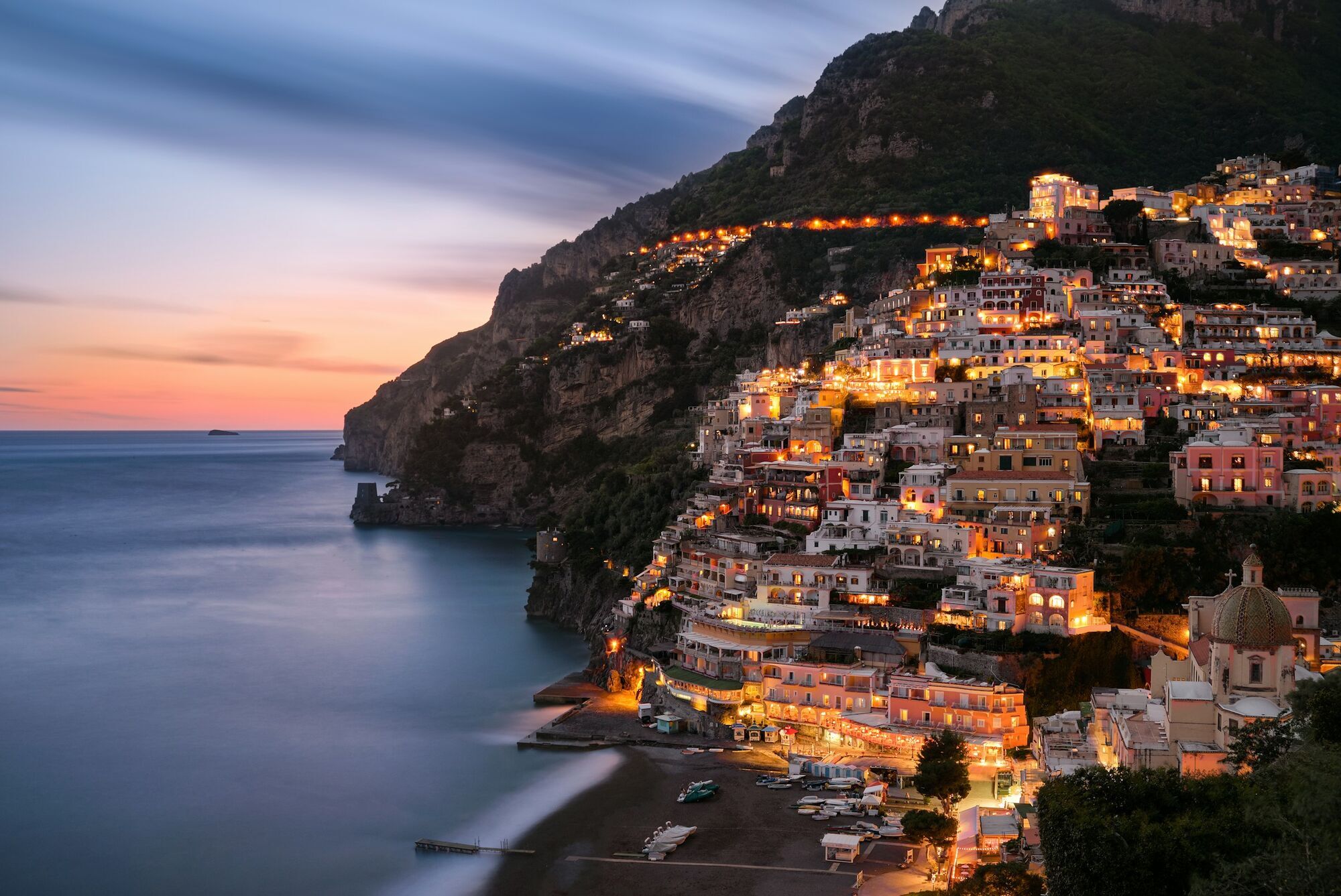 Positano on Italy’s Amalfi Coast at dusk