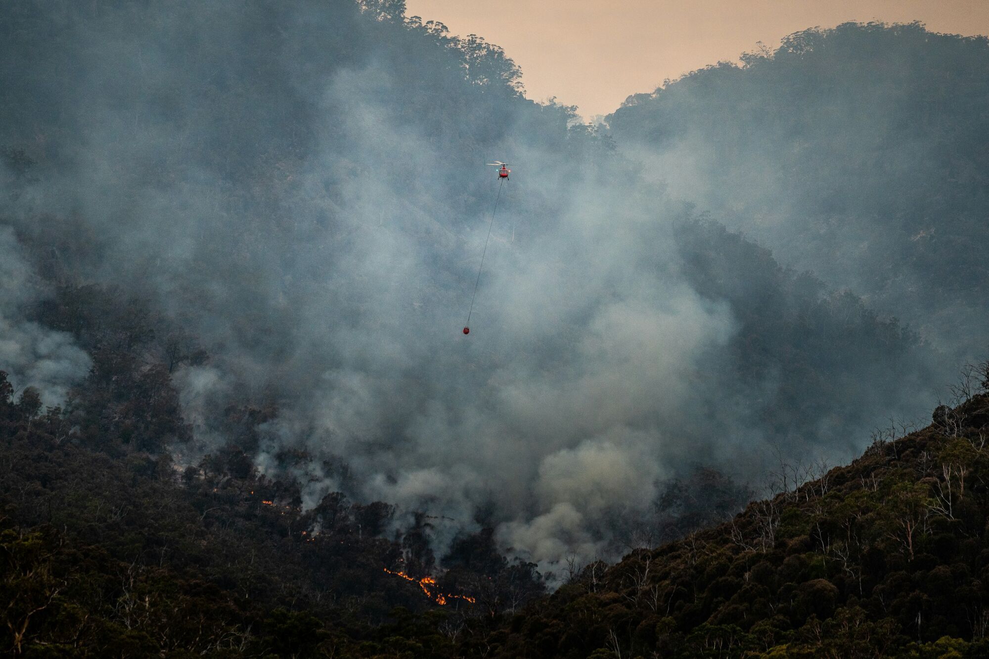 Helicopter fighting a wildfire in a forest