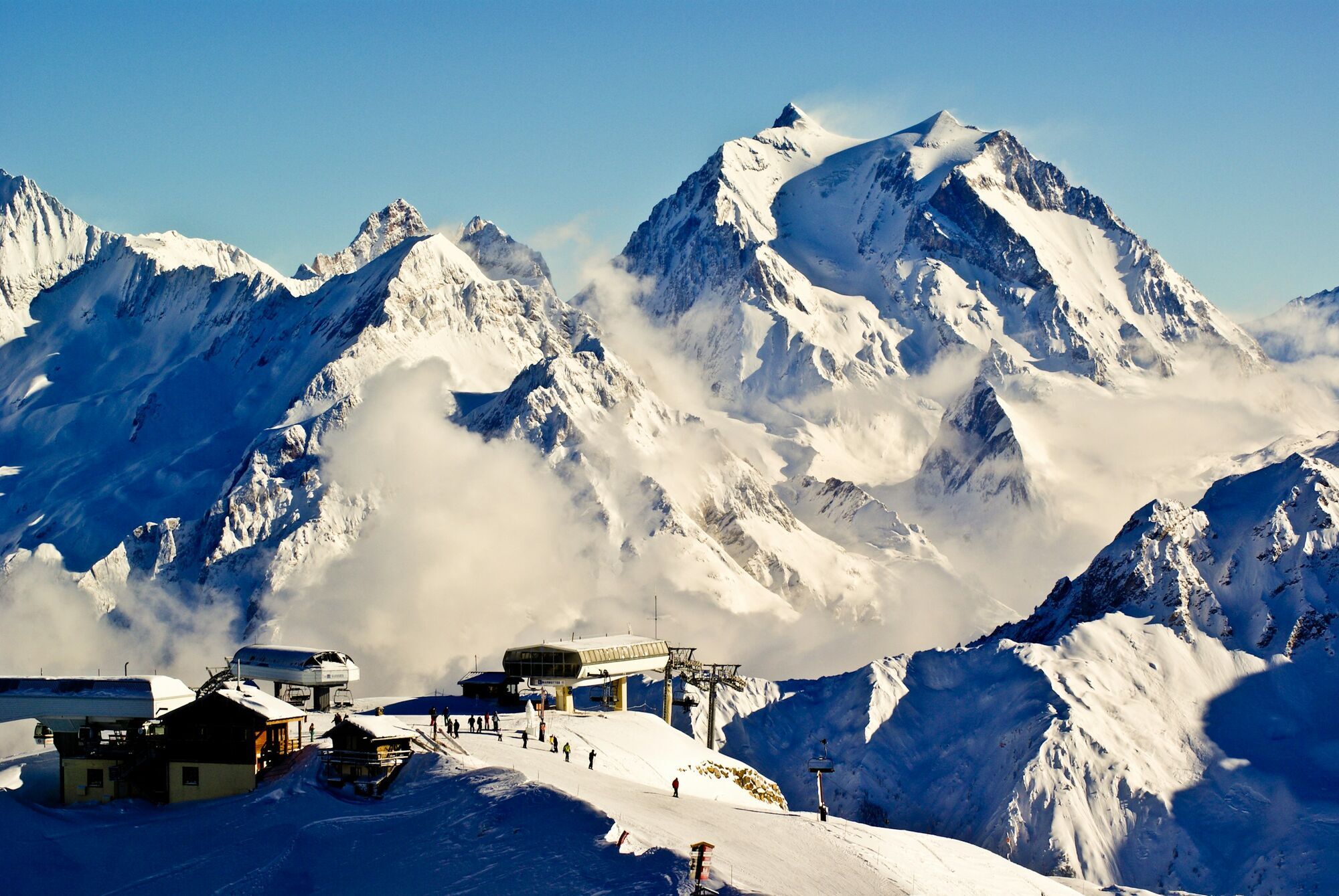 Snow-covered Alpine ski resort and mountain peaks