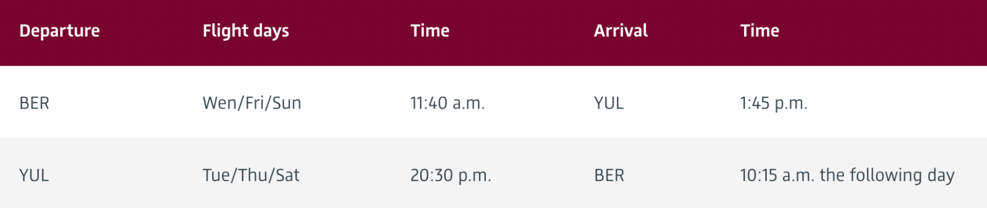 BER–Montréal flight schedule with departure and arrival times