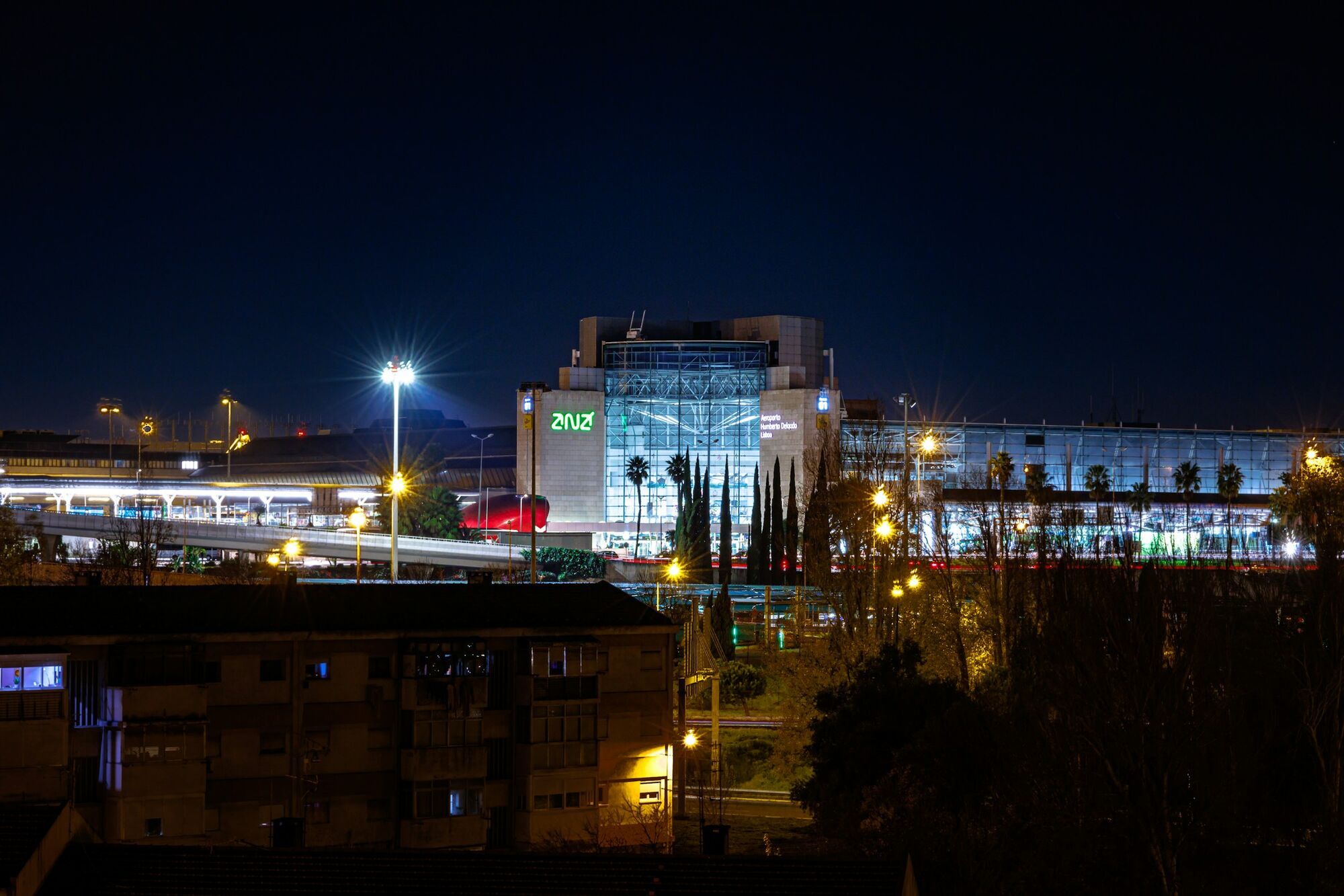 Humberto Delgado Airport terminal at night