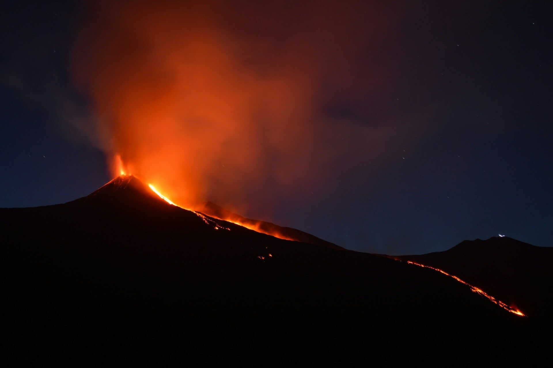 Mount Etna erupting at night in Sicily