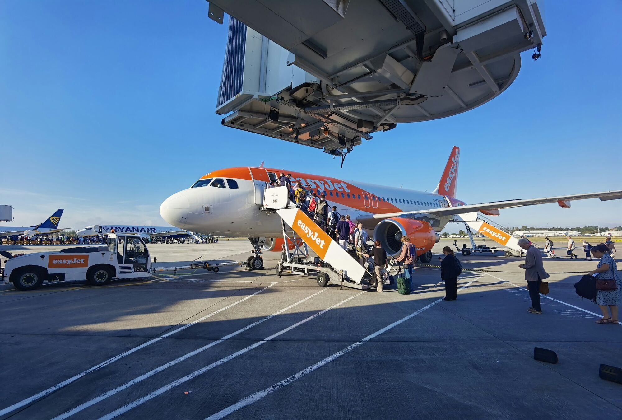 Passengers boarding an easyJet aircraft