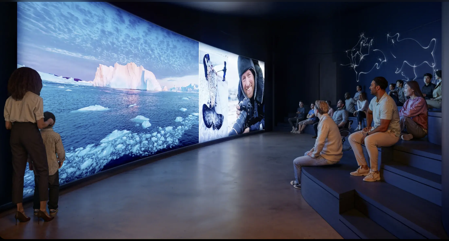 Visitors watching immersive Arctic exhibition at The Whale
