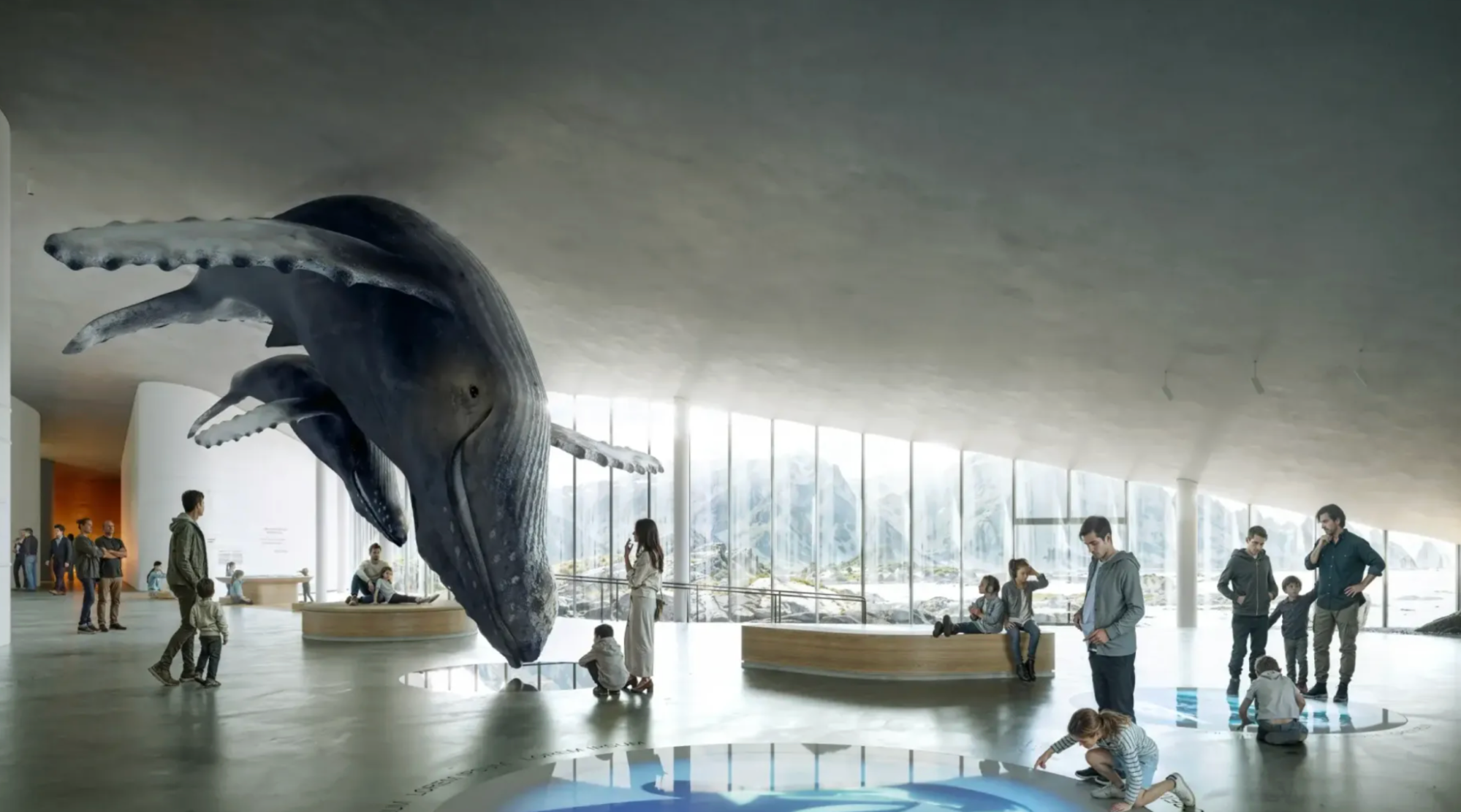 Visitors exploring whale exhibition in Norway