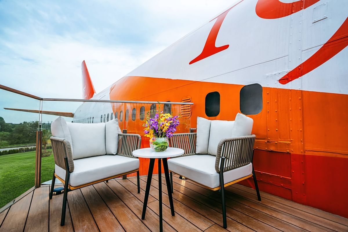 Terrace beside converted Boeing 747 hotel