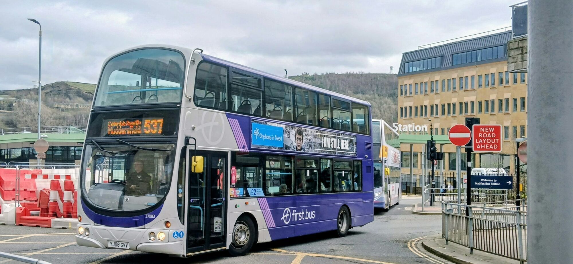 First Bus double-decker leaving Halifax Bus Station