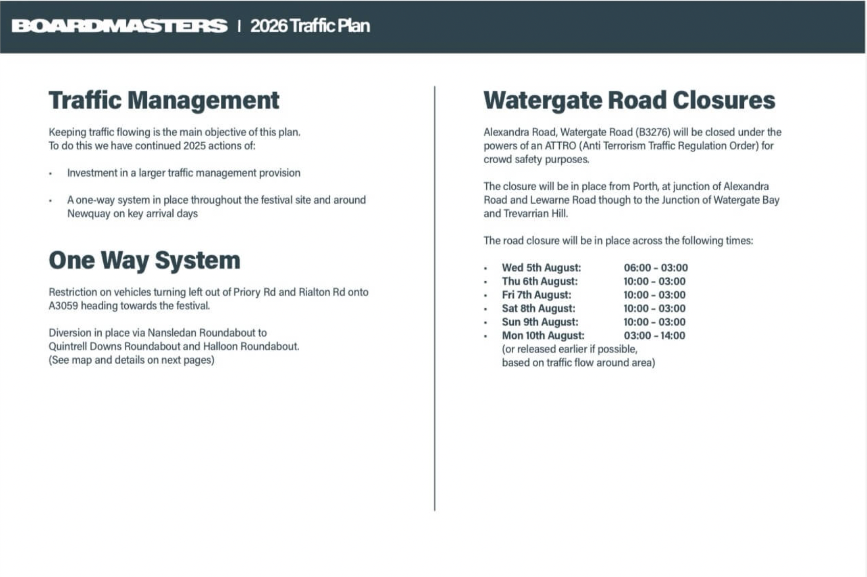 Boardmasters 2026 road closure schedule