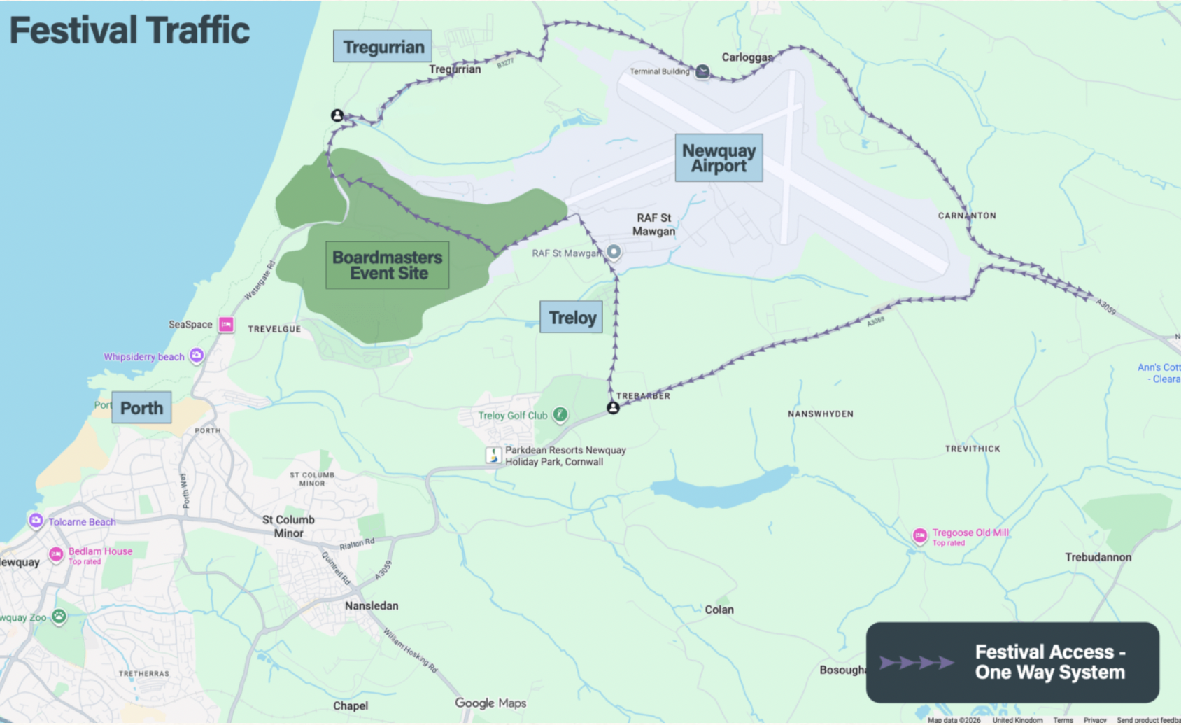 Festival traffic map around Newquay Airport
