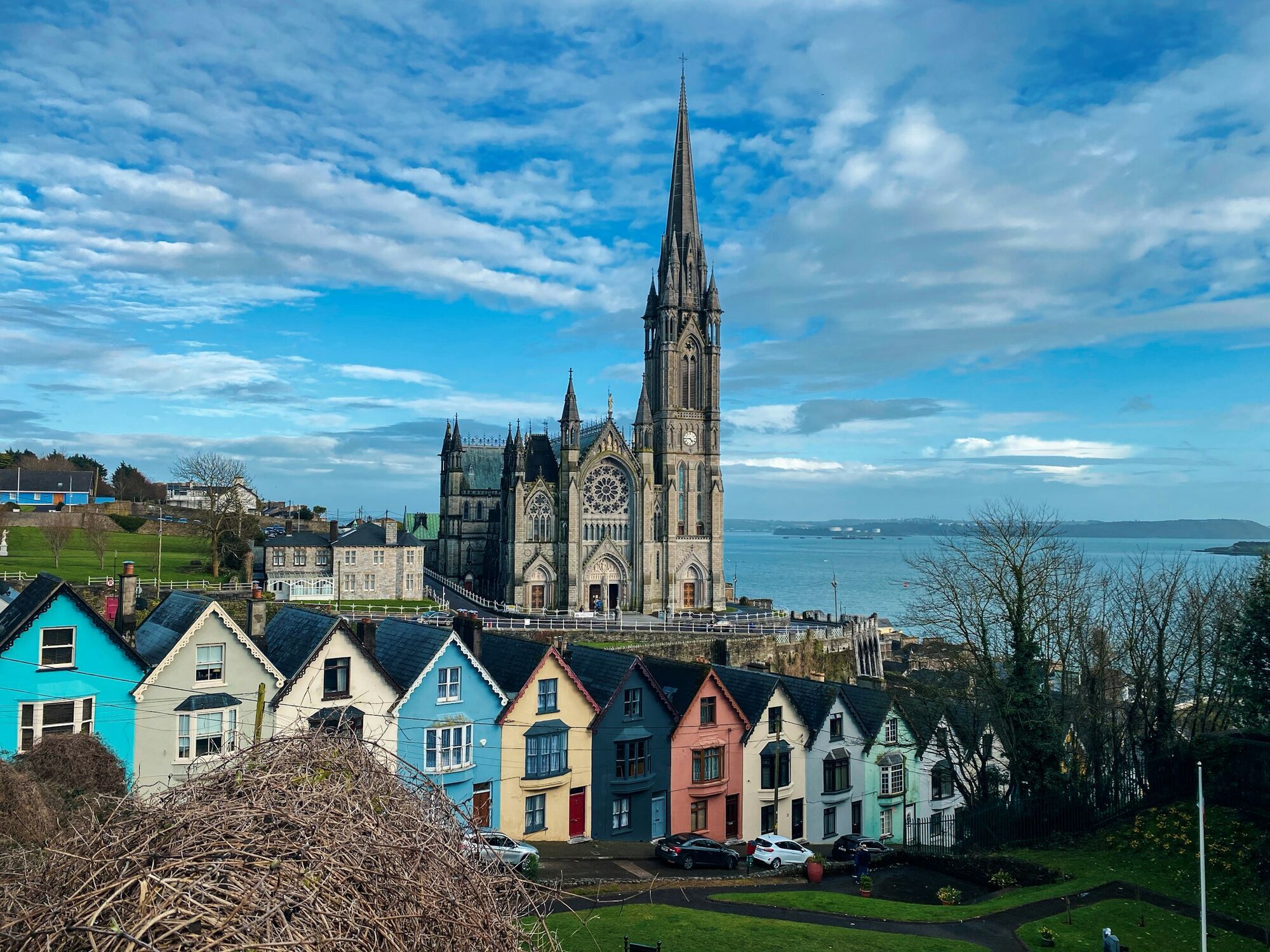 Cobh Cathedral and colourful houses in County Cork