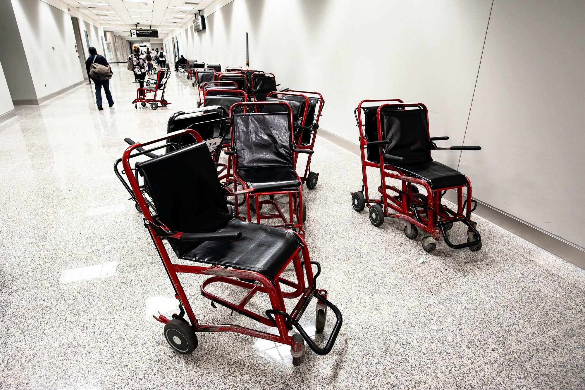 Airport wheelchairs waiting in a terminal