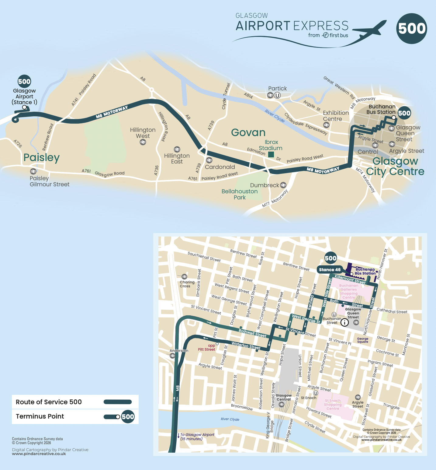 Glasgow Airport Express 500 route map
