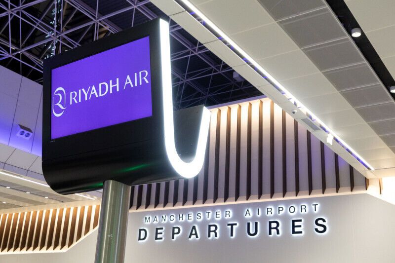 Riyadh Air branding in Manchester Airport departures